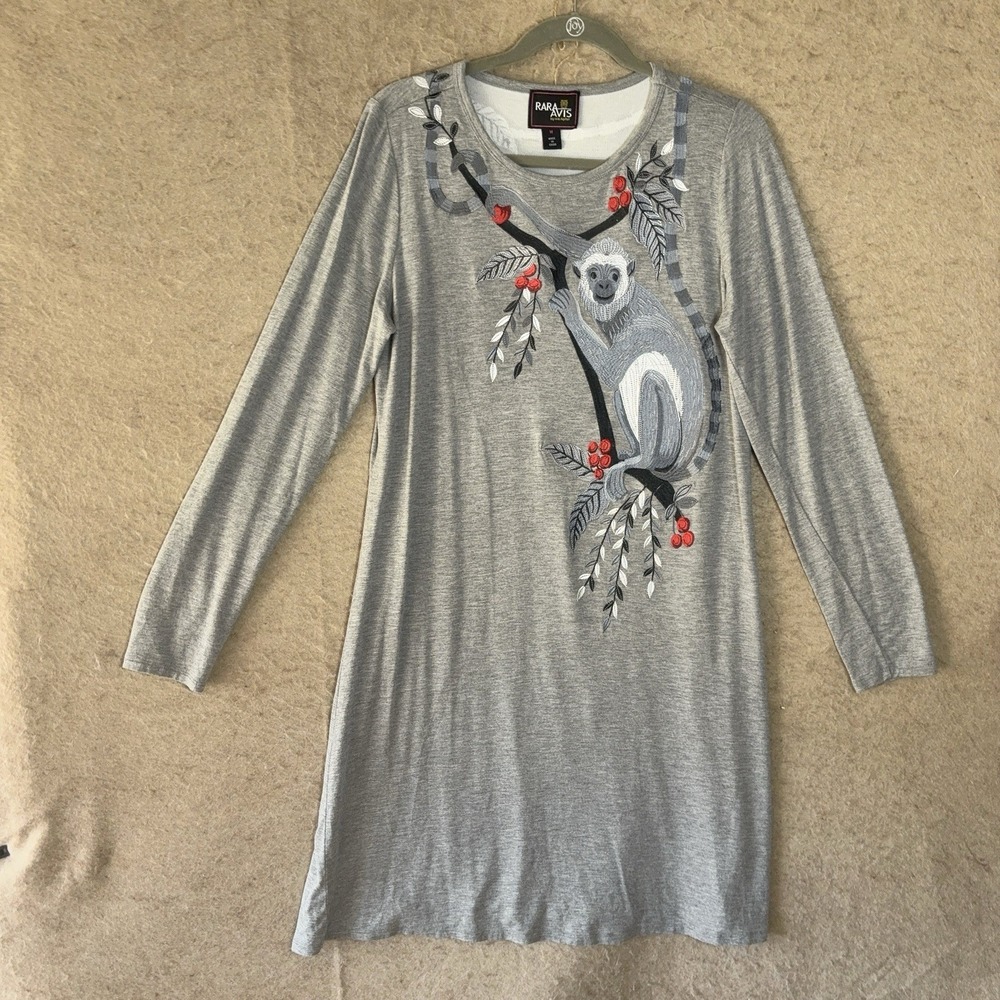 Rara‎ Avis Iris Apfel Embroidered Dress Womens Sz M Gray Monkey Stretch